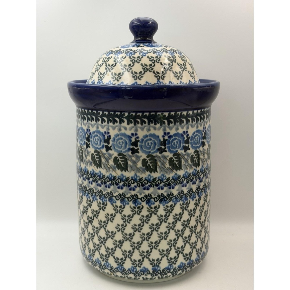 Polish Pottery Cookie Jar‎ Canister Teresa Liana Unikat Blue Rose Pattern